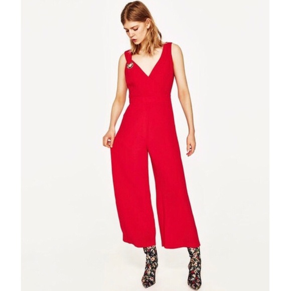 Zara Pants - Zara Red Sleeveless V-Neck Wide Leg Jumpsuit